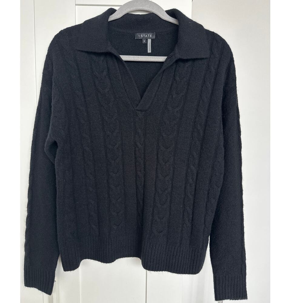 1.State Women's Black Cable Knit Polo Long Sleeve Sweater, Size S, EUC